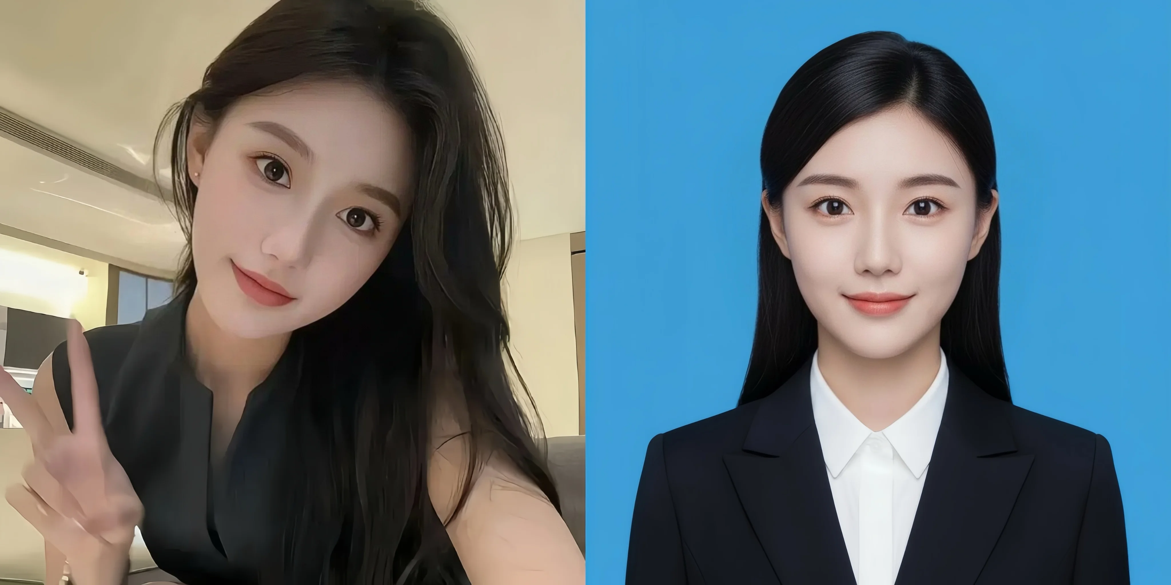 AI image: Crop the head of the person in the image and make a 2-inch ID photo with: 1. Blue background 2. Professional business attire 3. Frontal, straight-on view 4. A slight smile