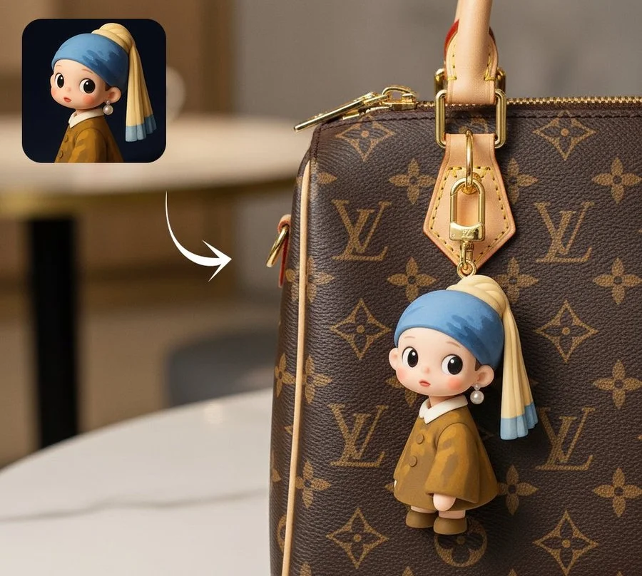 AI image: Turn this photo into a cute charm â a flat acrylic keychain or a flat rubber keychain â hanging from the LV bag / the bag in image 2.