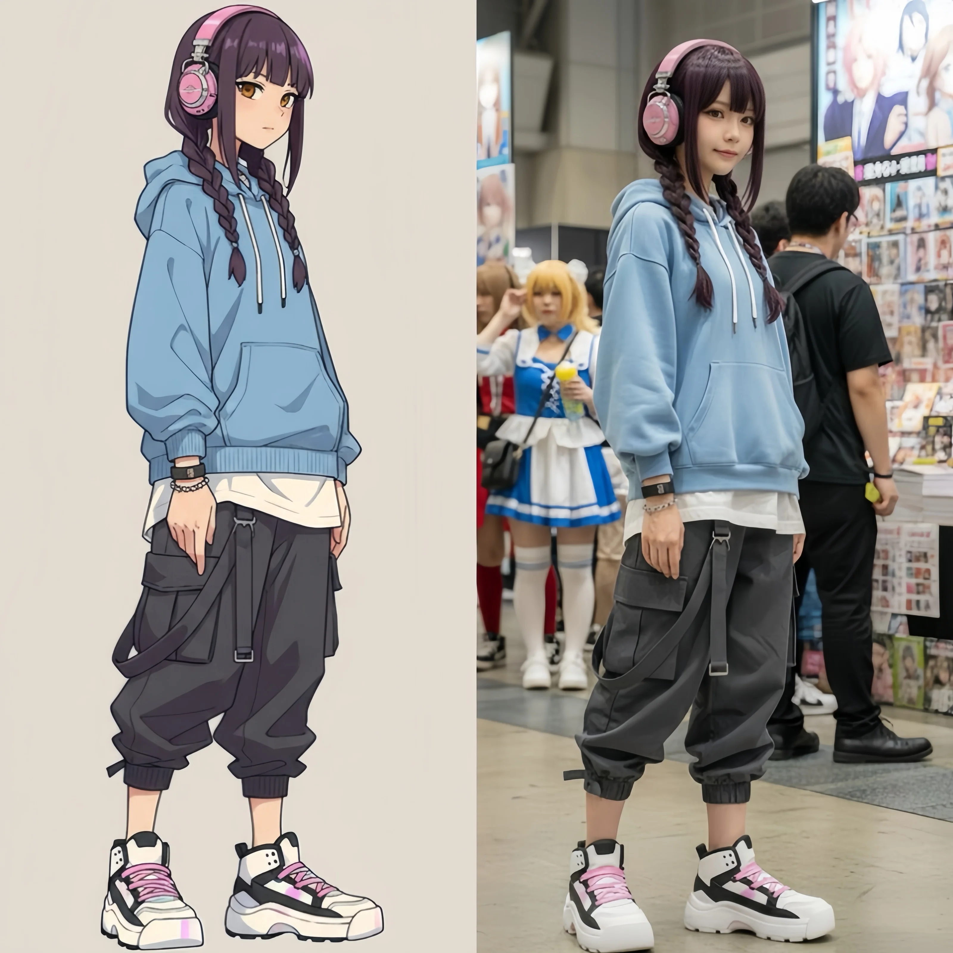AI image: Generate a photo of a girl cosplaying this illustration, with the background set at Comiket.