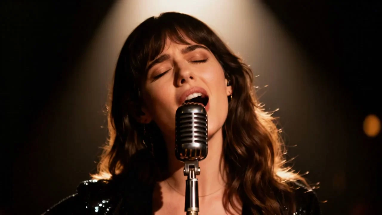 AI video thumbnail: The camera performs a smooth 180-degree arc shot, starting with the front-facing view of the singer and circling around her to seamlessly end on the POV shot from behind her on stage. The singer sings 'when you look me in the eyes, I can see a million stars.'