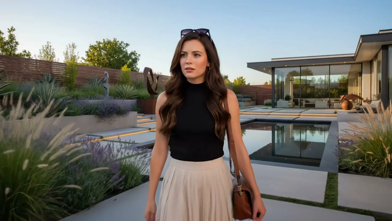 AI video thumbnail: Close up shot of woman with sunglasses on top of her head, gold hood earrings, is walking in the garden, she is lost and asks where everyone is and what's going on.