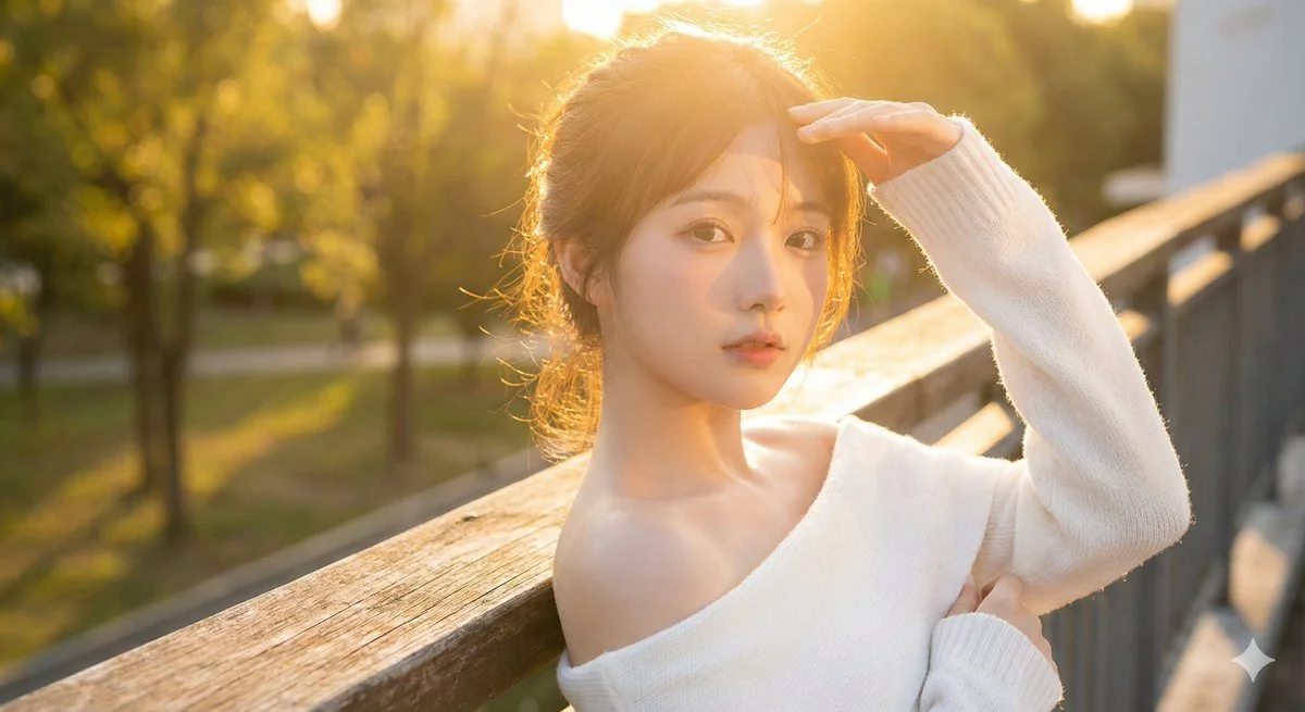 AI image: Cinematic close-up of a beautiful East Asian girl with doll-like features and porcelain skin during golden hour. She wears a white off-shoulder knit top, exposing her delicate shoulders. She shields her eyes from the sun, casting soft shadows. Her skin glows, and fine peach fuzz is visible. Her eyes sparkle, and her lips are glossy. 8k resolution, romantic lighting, detailed iris, dreamy atmosphere.