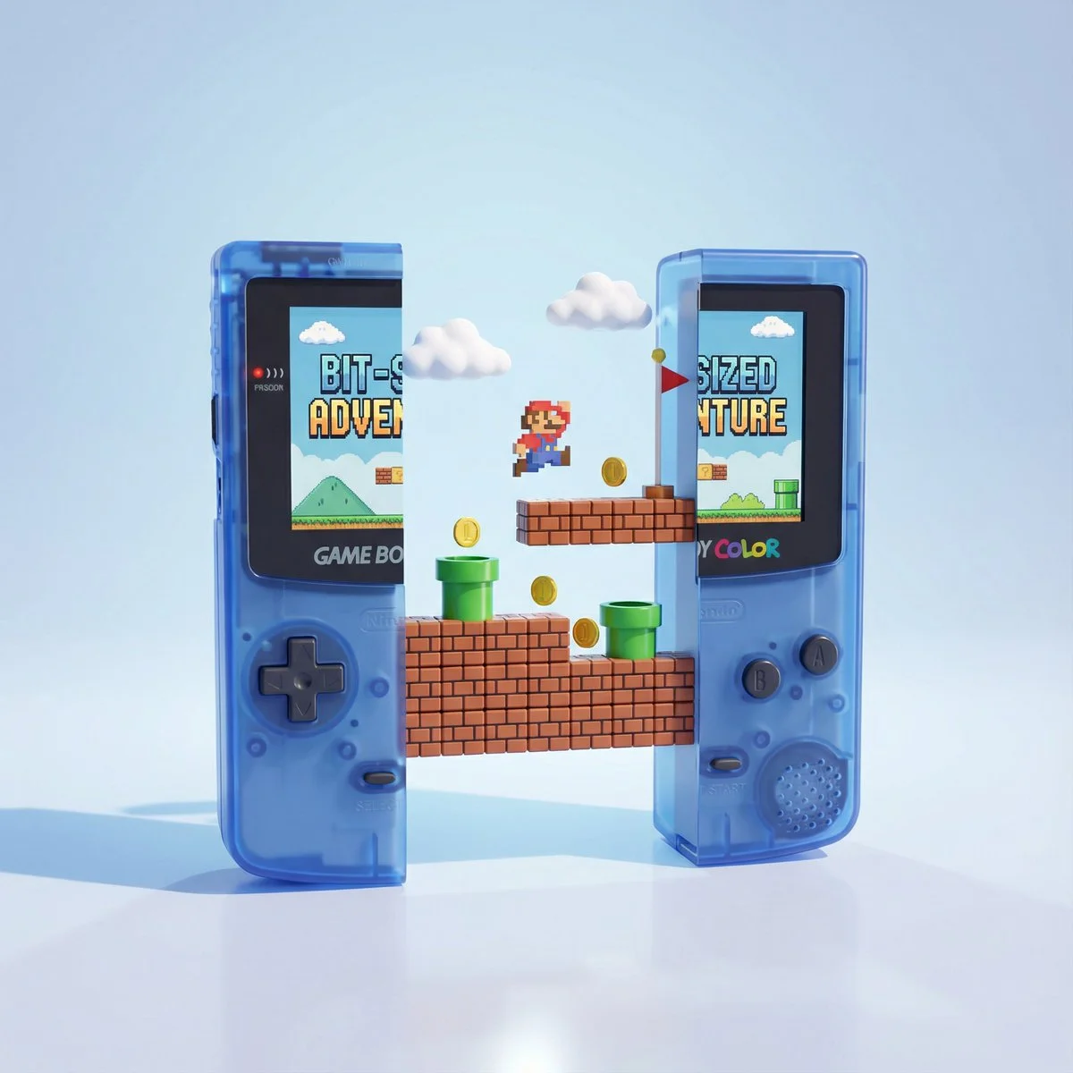 AI image: A highly polished 3D render of a classic handheld game console split cleanly into two halves, standing upright on a glossy reflective surface. Between the two halves, a miniature floating platform world inspired by retro side-scrolling platform games emerges: brick blocks, green pipes, gold coins, small clouds, and a tiny flagpole. The level pieces are arranged in multiple layers suspended in mid-air. The console screens show a retro game title. Soft studio lighting, pastel blue background, smooth shadows, subtle reflections, playful and whimsical tone. Ultra-clean materials, rounded plastic edges, crisp details, vibrant colors, minimalistic composition, centered layout.