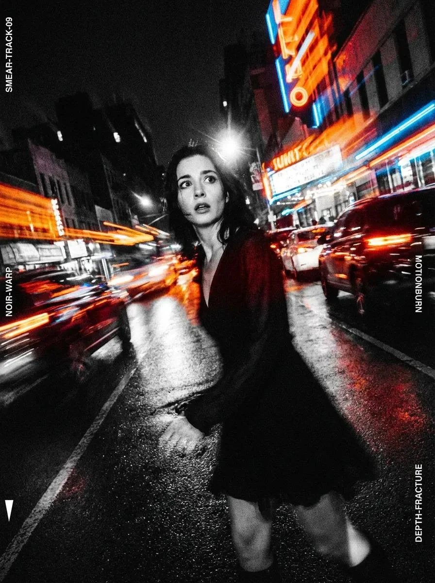 AI image: A visual explosion in the middle of a fast-moving street. Frozen faces, sweeping movements, and a palpable "noir" atmosphere. Everything is planned, yet the results are always wild and raw.