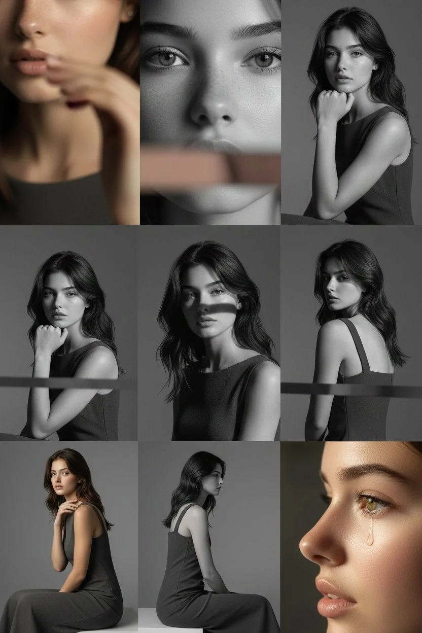 AI image: Editorial 3x3 grid in a cool-grey seamless backdrop. Character wearing a charcoal sleeveless dress. Lighting: large overhead softbox, faint side bounce. Shots include: tight cheek + neck close-up with blurred finger foreground, eyes locked to lens, monochrome chin-on-hand portrait, half-obscured over-shoulder shot, head-on close-up with intersecting shadows, angled raw portrait with tousled hair, tight detail of hands near collarbone, seated half-body profile, profile macro with water droplet highlight. RAW, smooth contrast, editorial softness.