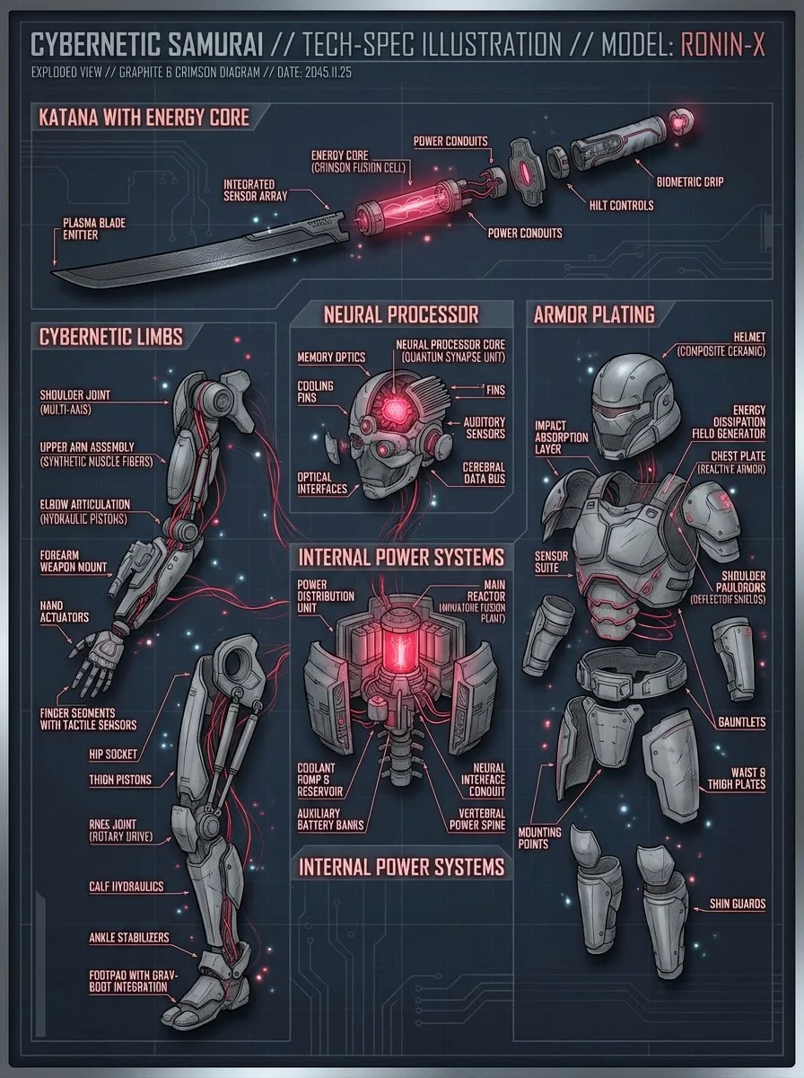 AI image: Create a detailed technical illustration of a Cybernetic Samurai, exploded into components: katana with energy core, cybernetic limbs, neural processor, armor plating, and internal power systems. Each part is labeled with clean futuristic font. Use a graphite and crimson color scheme on a dark blueprint background. Add subtle particle glow and depth shadows. Studio render style.