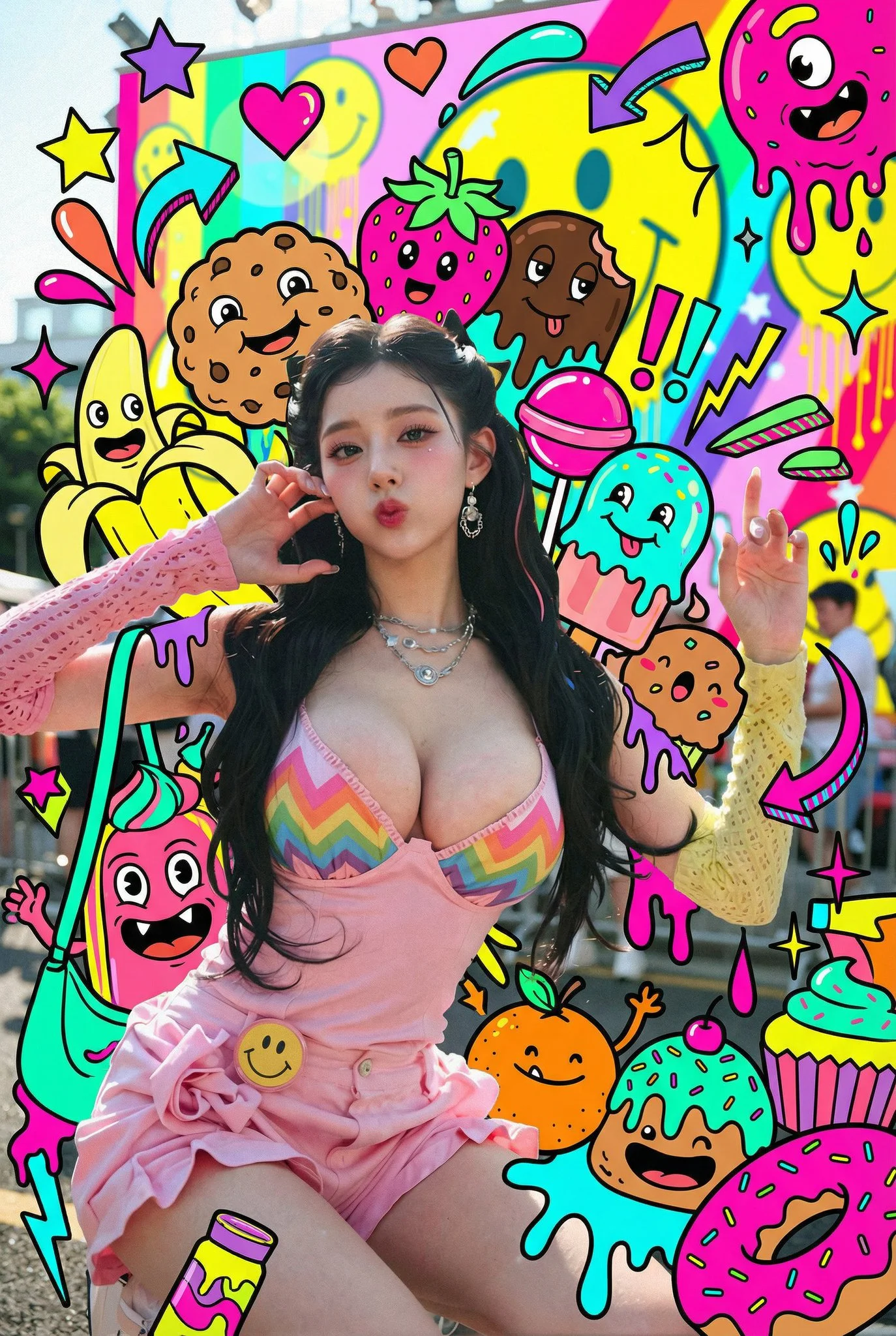AI image: Use the uploaded photo. Do NOT alter the person's real appearance — keep the person's face, body, clothing, colors, and texture completely photorealistic. Add a dense, overloaded layer of pop-style illustrated sweets monsters and graphic decorations ONLY around the person. Illustrated elements: many colorful cartoon monsters with thick black outlines, flat colors, and cute-but-ugly expressions. Sweets-inspired monsters: bananas, cookies, strawberries, melting chocolate, lollipops, ice cream. Use vivid neon-like color palette.