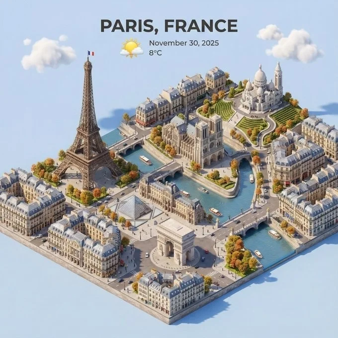 AI image: Present a clear, 45° top-down isometric miniature 3D cartoon scene of a city, featuring its most iconic landmarks and architectural elements. Use soft, refined textures with realistic PBR materials and gentle, lifelike lighting and shadows. Integrate the current weather conditions directly into the city environment to create an immersive atmospheric mood. Use a clean, minimalistic composition with a soft, solid-colored background.