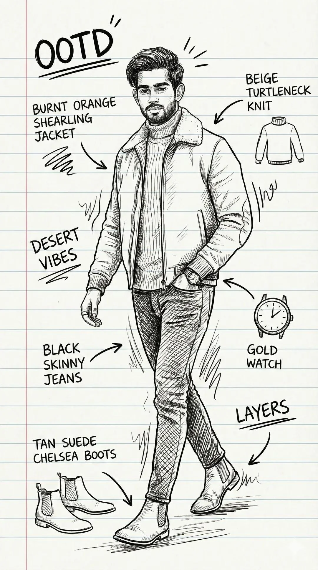 AI image: Breakdown the look into a fun OOTD Fashion Collage, 9:16. Paper scribble aesthetic with hand-drawn arrows, doodles, and handwritten labels pointing to each outfit piece. Notebook paper texture background with ink sketch style.