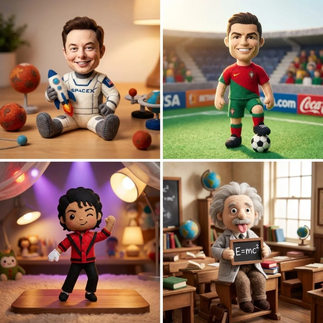 AI image: Full body toy, made of felt, friendly and cartoonish appearance, rich and soft textures. Cute character with playful expression, handcrafted aesthetic, warm studio lighting.