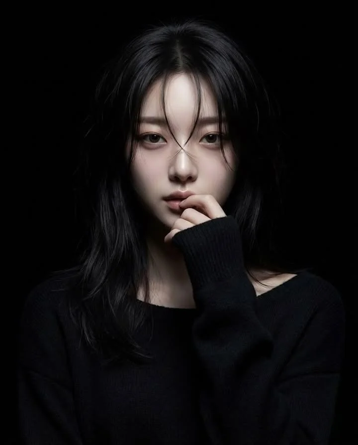 AI image: Hyperrealistic realistic-anime portrait of female character standing against completely black background. Lighting: narrow beam spotlight focused only on face center with sharp dramatic edges. All areas outside spotlight fall into deep darkness blending into black background. Long dark hair with strands falling over face, lower parts fading into shadows. One hand raised gently to lips in shy hesitant gesture. Eyes looking directly at camera with mysterious mood.
