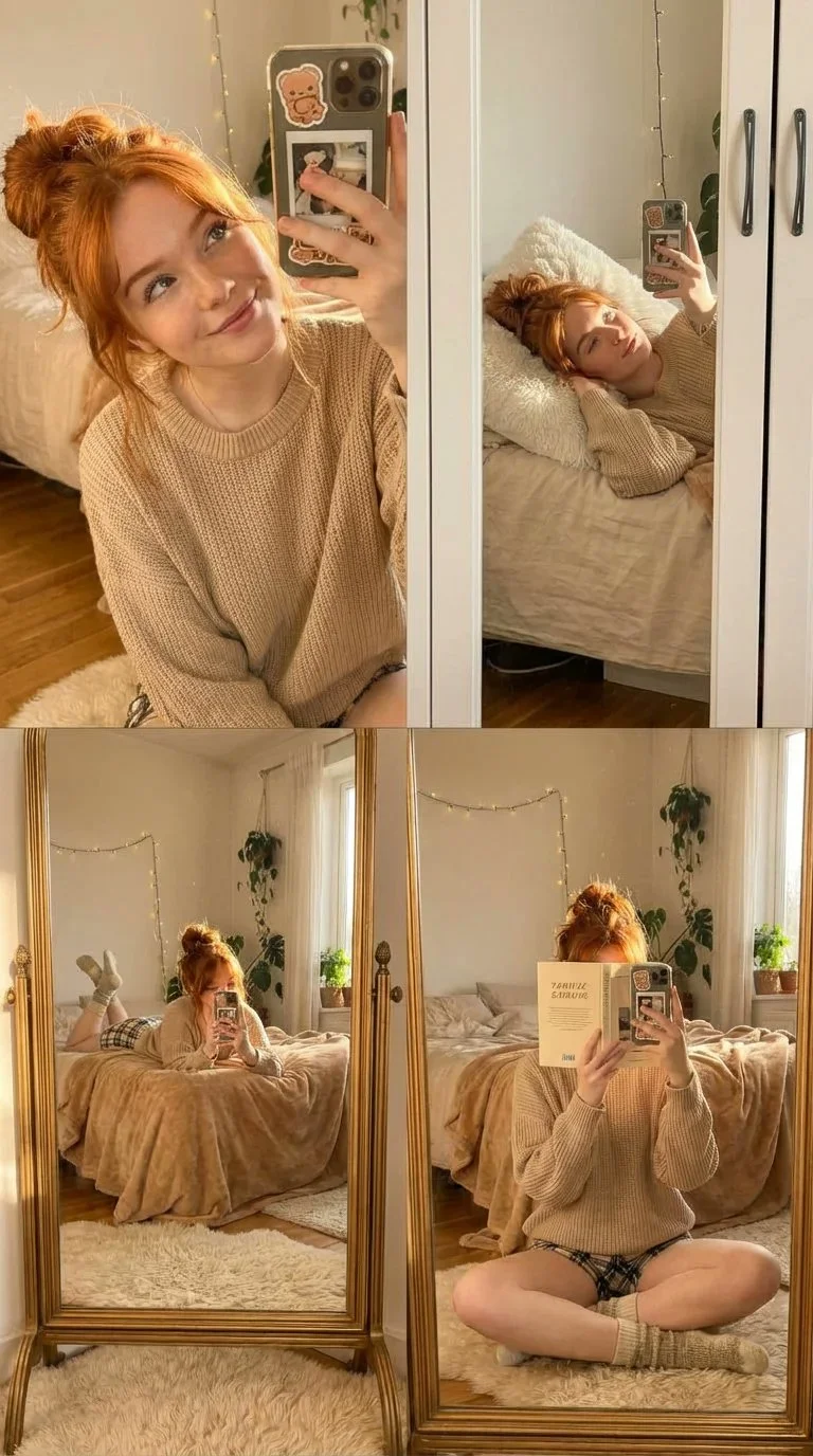 AI image: Cohesive 4-panel aesthetic photo collage in 2x2 grid capturing cozy intimate mirror selfie photoshoot of same young woman in sun-drenched bedroom. Consistent character and lighting across all frames. Soft morning sunlight, lazy Sunday aesthetic, neutral creams/whites/beige, 8K photorealistic, thin white panel borders.