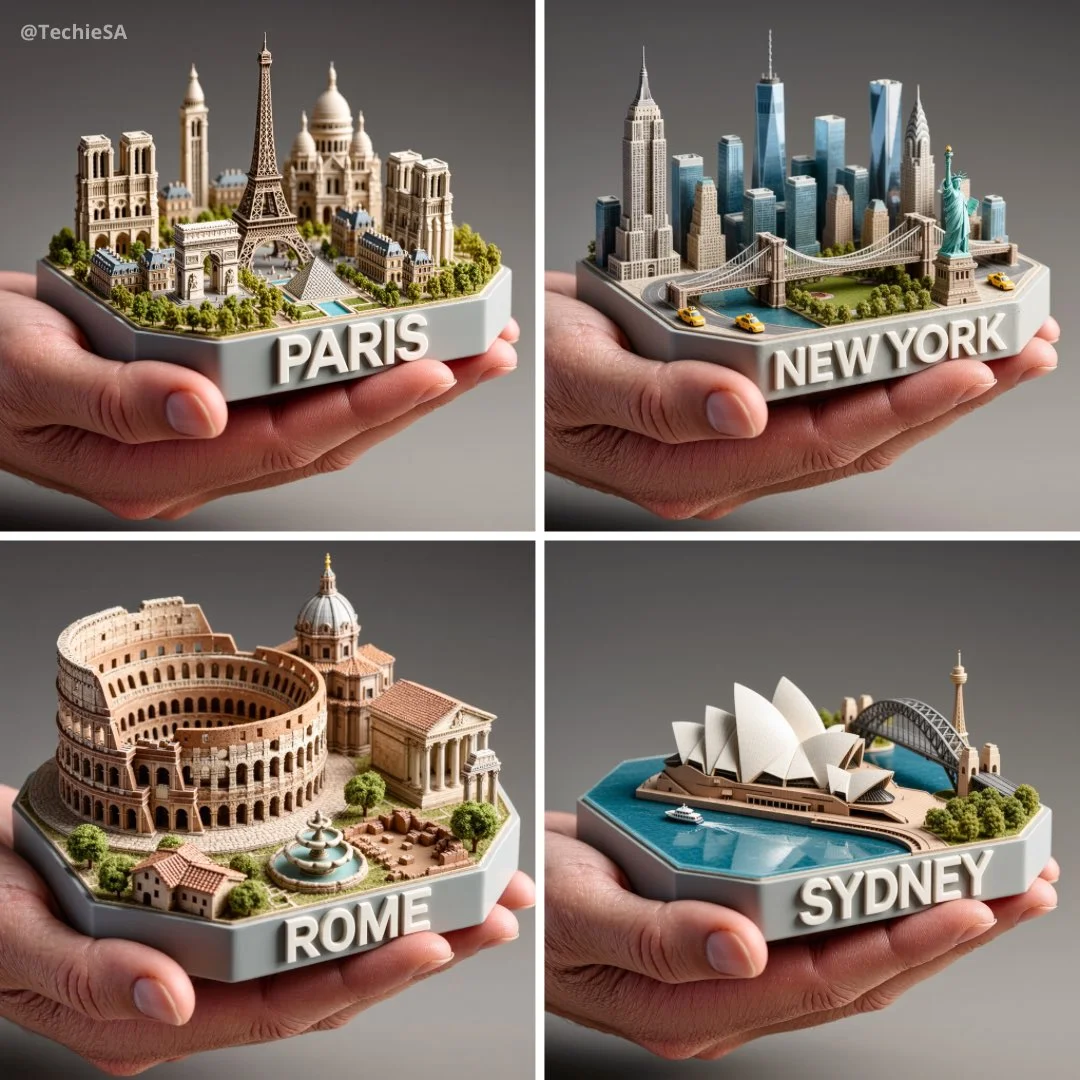 AI image: Hyperrealistic render: human hand gently holding rounded, beveled miniature display platform showcasing 3D collectible diorama. Features iconic landmarks, modern/historical architecture, miniature greenery. Bold 3D city name sign built into platform front edge. Refined, desaturated colors with matte textures for realistic scale-model look. Soft studio illumination, warm highlights, subtle depth shadows. Neutral gray gradient backdrop. 8K quality high-end collectible aesthetic.