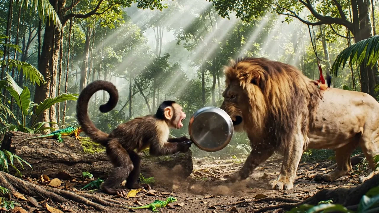 AI video thumbnail: Tropical forest clearing with bright sunlight filtering through the canopy; the ground is thick with fallen leaves, and dust and mud specks get kicked up by the action, while small animals occasionally dart through the background to heighten the sense of lively chaos. An enraged monkey grips a slightly oversized metal frying pan with believable weight and sharp reflective highlights, squaring off against a powerful male lion who shifts from confident intimidation to confused retreat as the fight turns comically intense. The frying pan doubles as both shield and weapon, with rapid, readable blocks, springy leaps off roots and logs, and tight combo swings, each impact sending out exaggerated rings of rustling leaves and punchy bursts of dust—high-energy, slapstick, and non-gory.